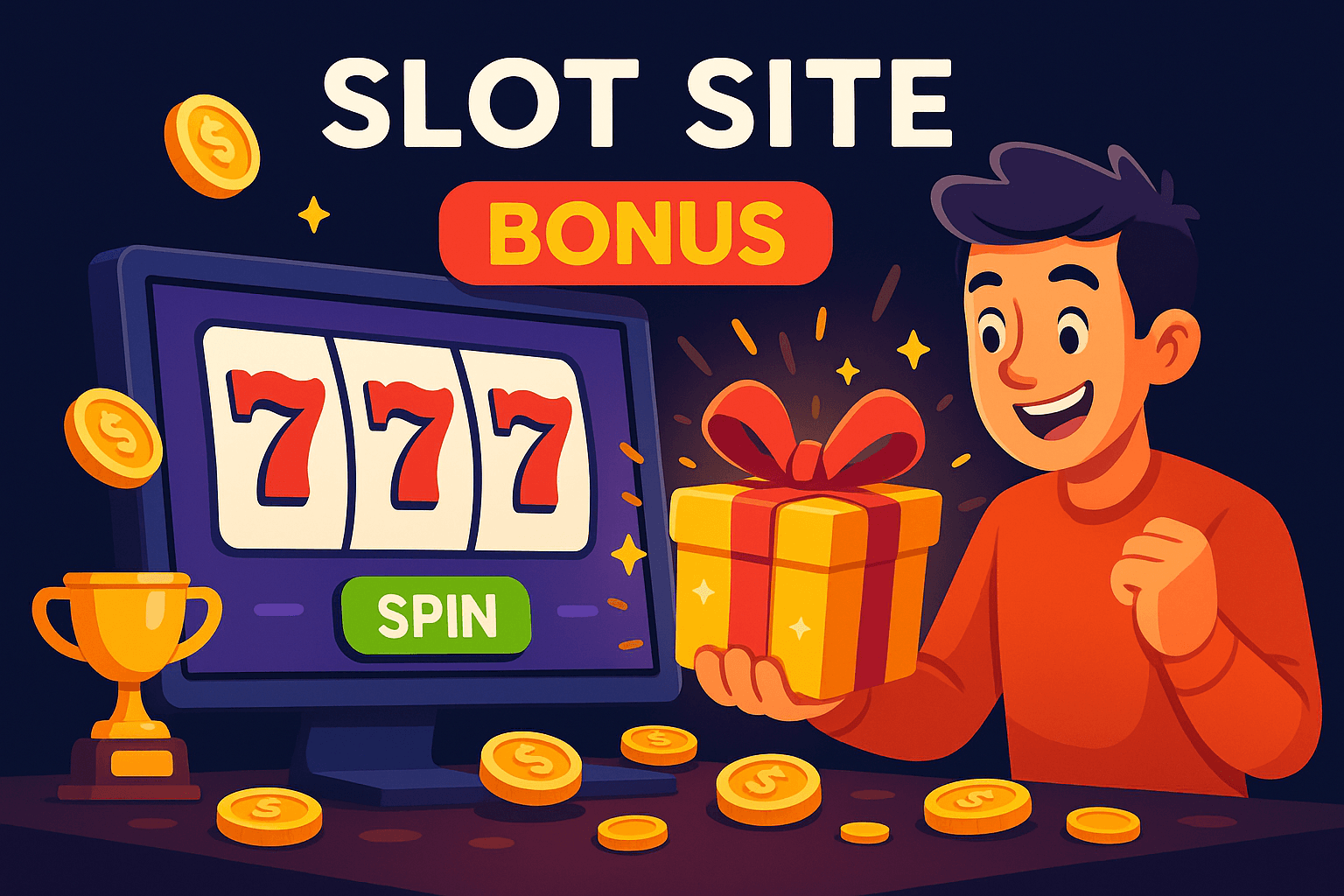 jugador sonriente recibiendo un bono en un sitio de tragamonedas